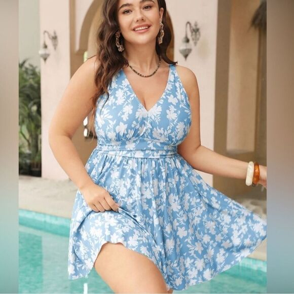 SOLD Bloomchic  Floral Print V Neck Ruffle Hem Ruched Detail Blue Swim Dress - Picture 2 of 10